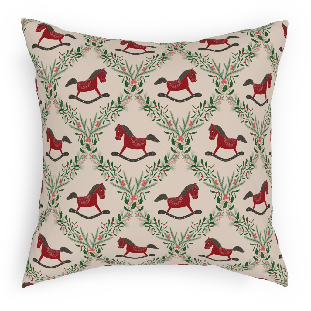 Christmas Wreath and Wooden Horse Pillow, Woven, White, 18x18, Double Sided, Multicolor