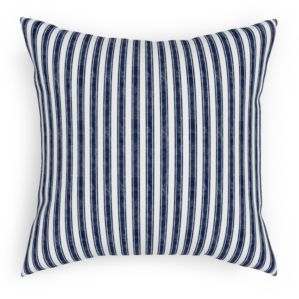 Vertical French Ticking Textured Pinstripes in Dark Midnight Navy and White Pillow, Woven, White, 18x18, Double Sided, Blue, True Blue