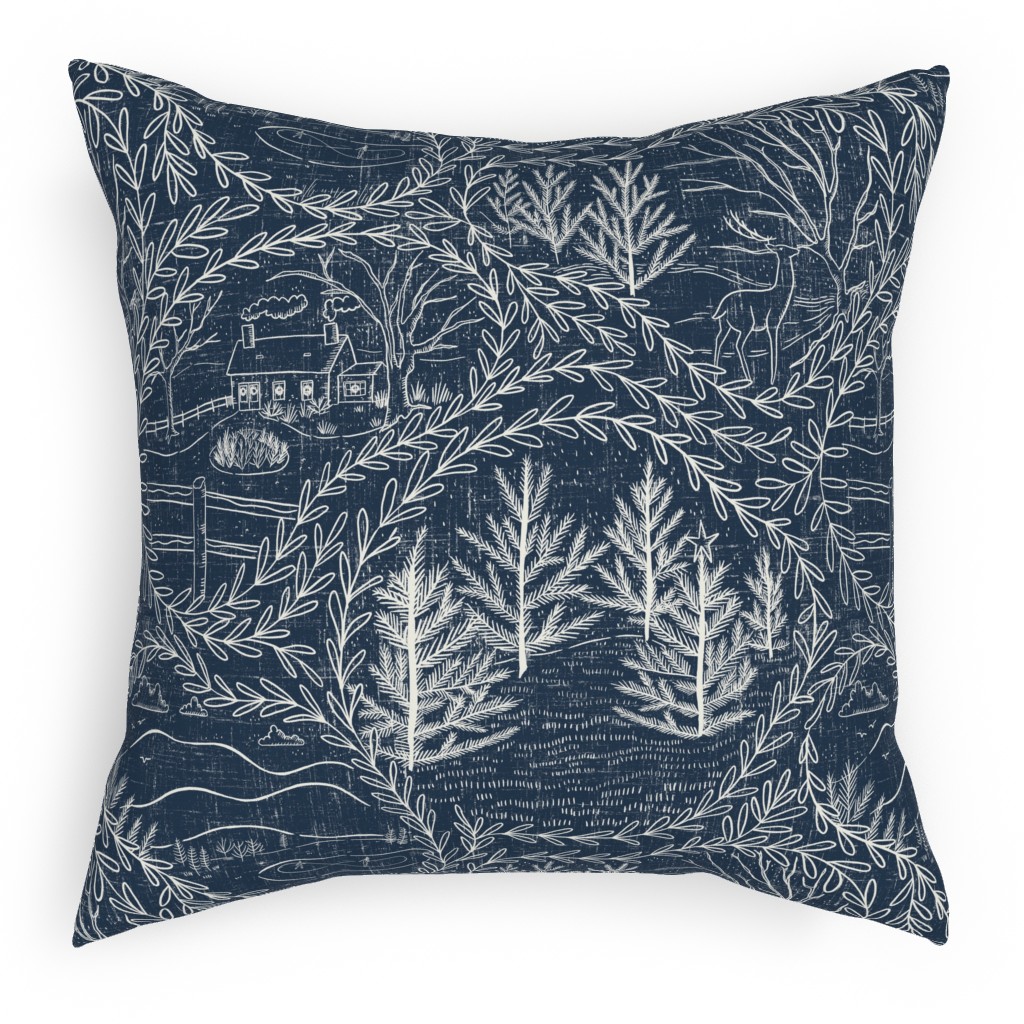 Winter Holiday Toile - Navy Pillow, Woven, White, 18x18, Double Sided, Blue