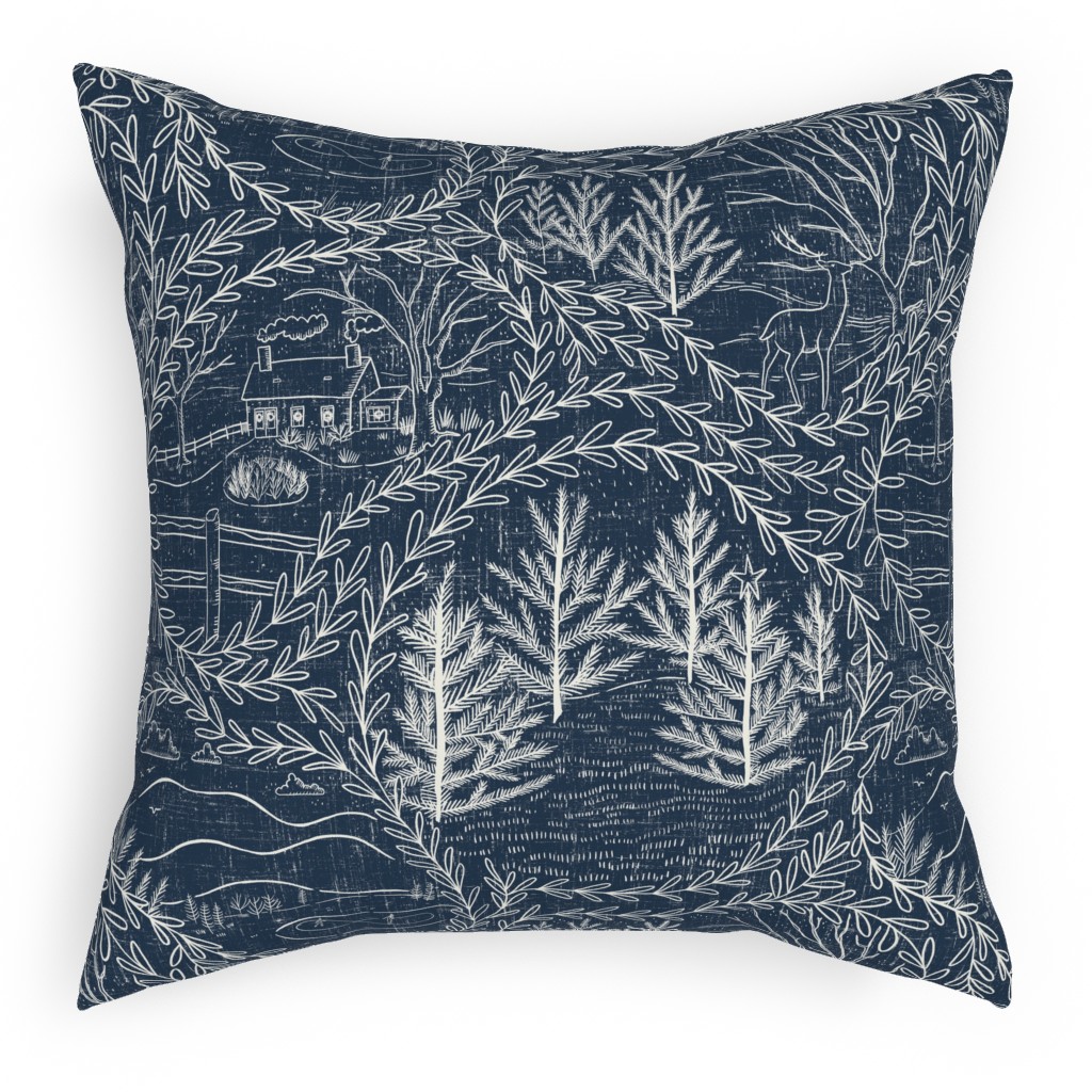 Winter Holiday Toile - Navy Pillow, Woven, White, 18x18, Double Sided, Blue, True Blue
