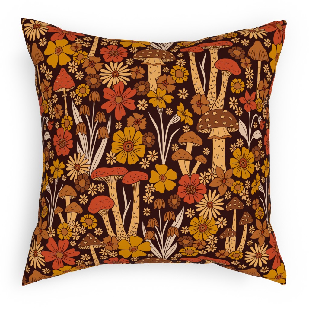 Retro 1970s Mushroom & Flowers - Brown and Orange Pillow, Woven, White, 18x18, Double Sided, Orange, Orange
