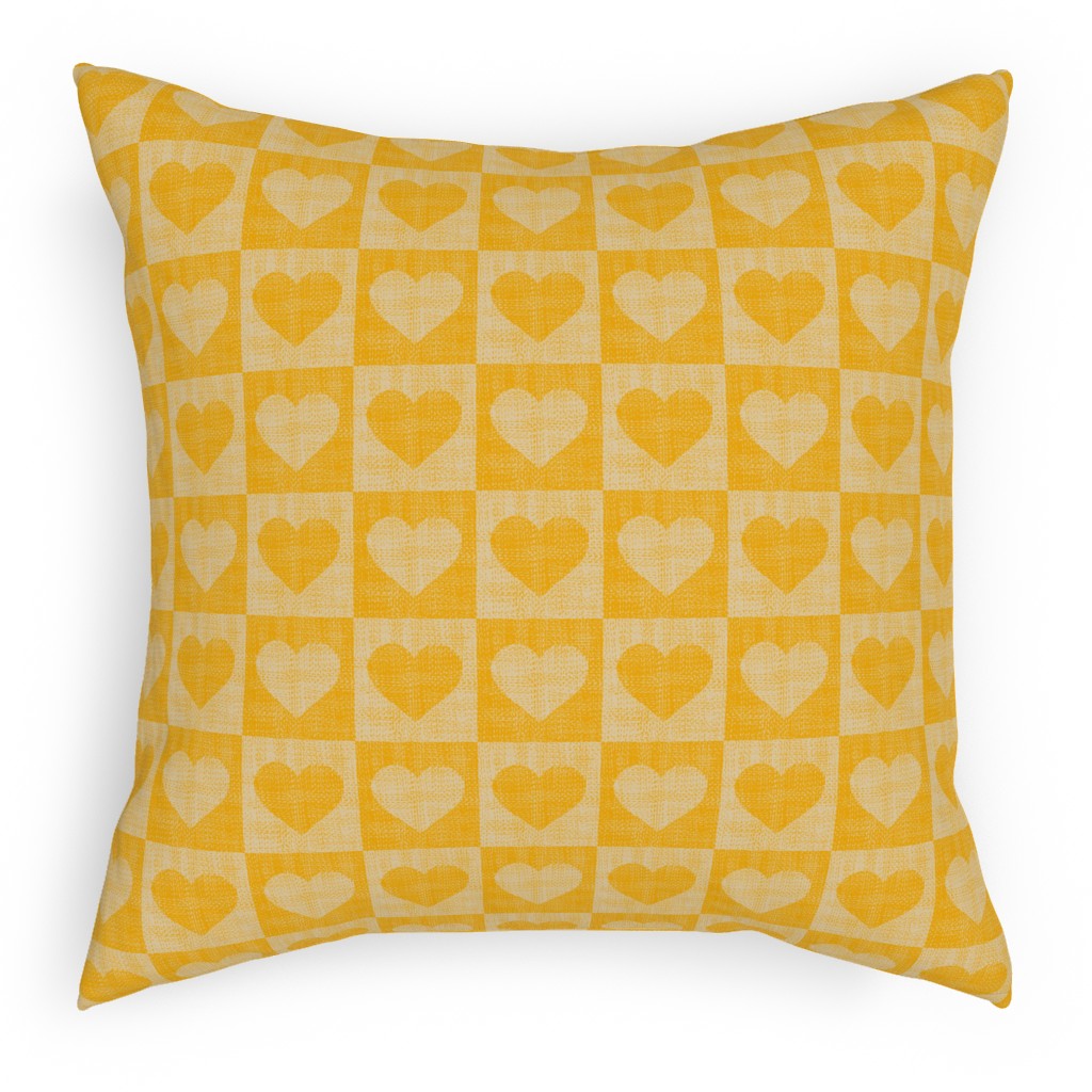 Love Hearts Check - Yellow Pillow, Woven, White, 18x18, Double Sided, Yellow