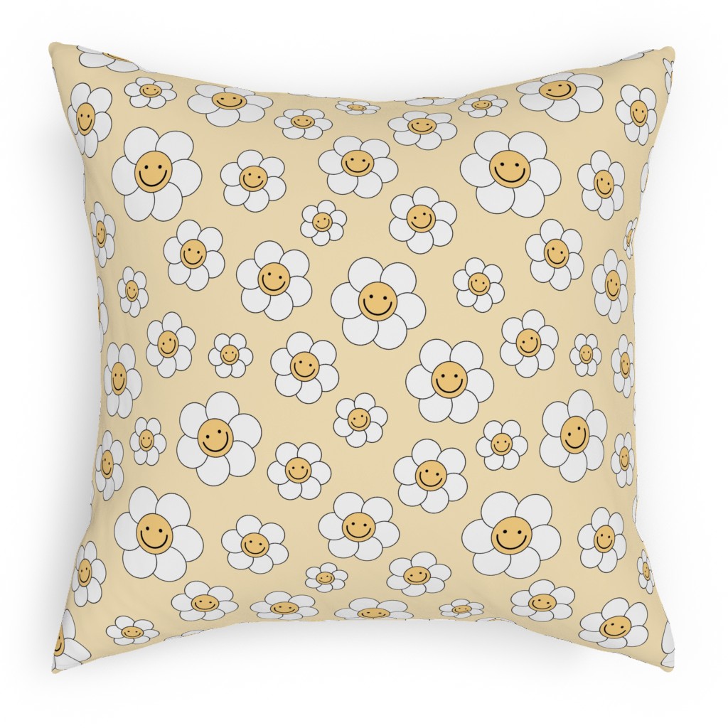 Sweet Smiling Daisies Pillow, Woven, White, 18x18, Double Sided, Yellow