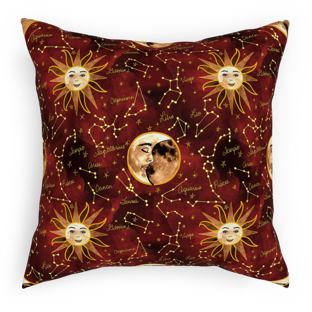 Celestial Star Signs Pillow, Woven, White, 18x18, Double Sided, Red