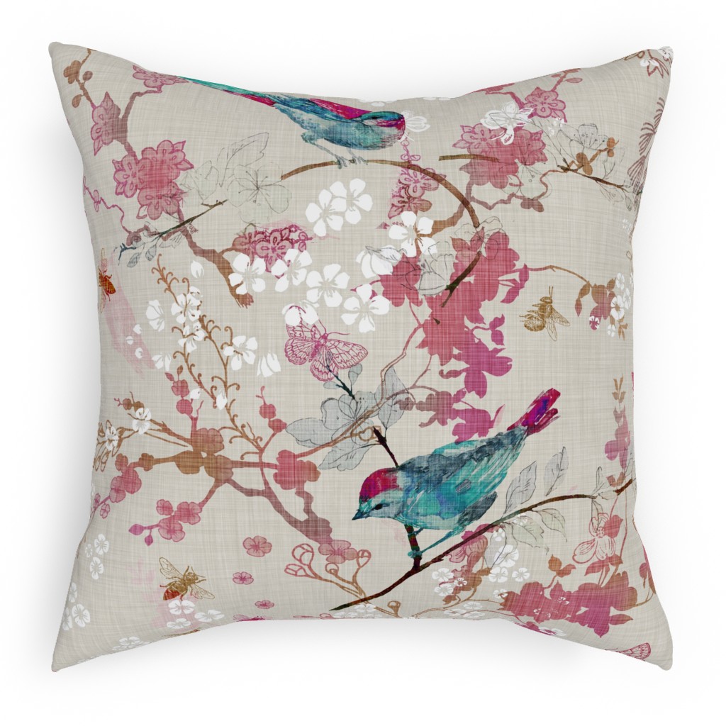 Birds + the Bees - Rose Pillow, Woven, White, 18x18, Double Sided, Multicolor