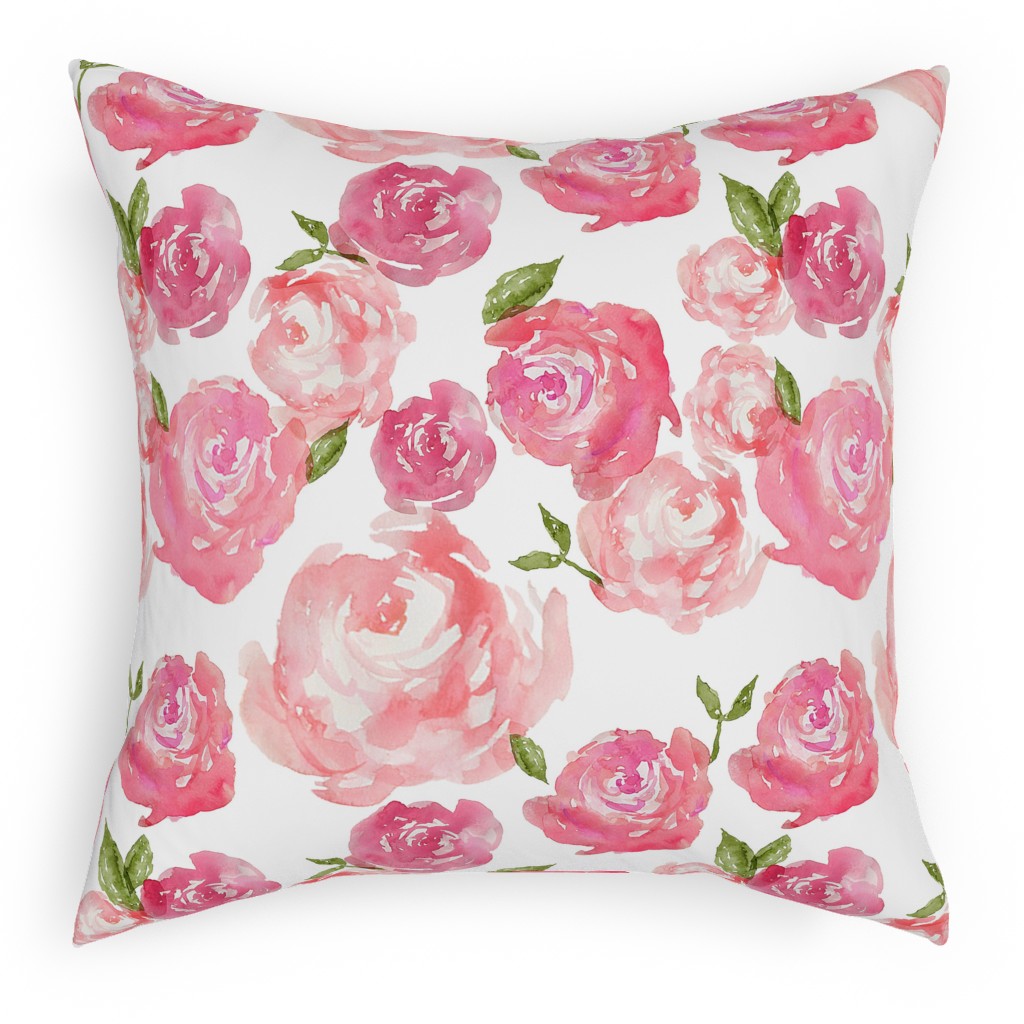 Watercolor Floral Pillow, Woven, White, 18x18, Double Sided, Pink, Bright Pink