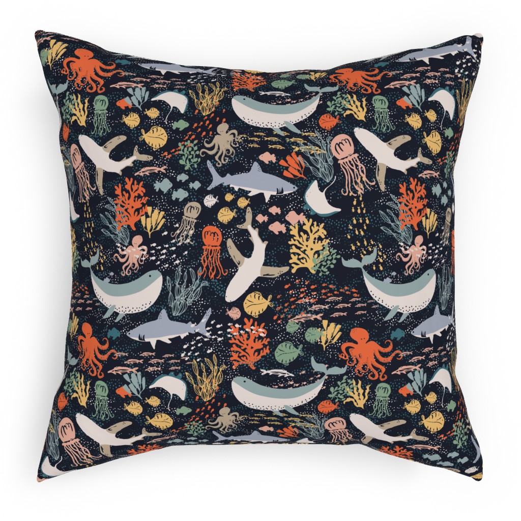 Marine Life - Multicolor Pillow, Woven, White, 18x18, Double Sided, Multicolor