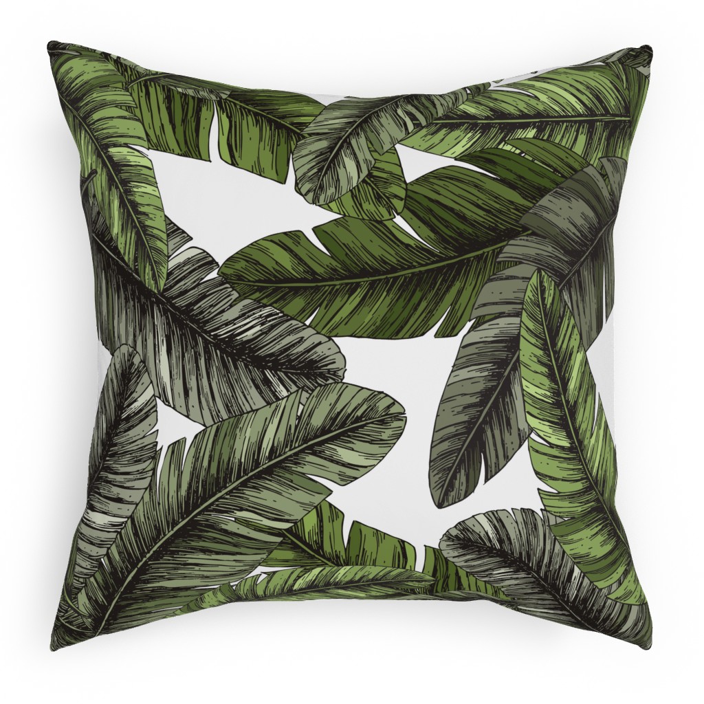 Tropical Palm Leaves - Green Pillow, Woven, White, 18x18, Double Sided, Green