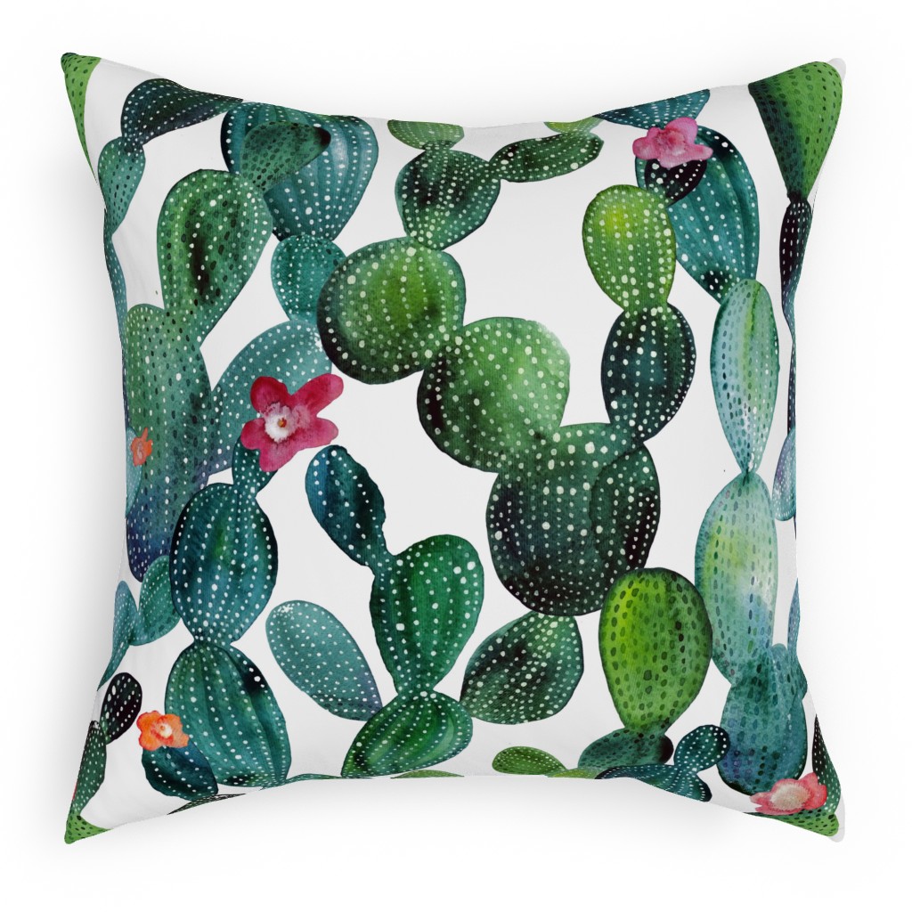 Cactuses - Green Pillow, Woven, White, 18x18, Double Sided, Green