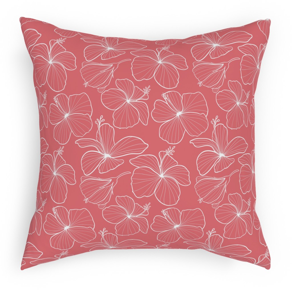 Hibiscus Line Art - Pink Pillow, Woven, White, 18x18, Double Sided, Pink