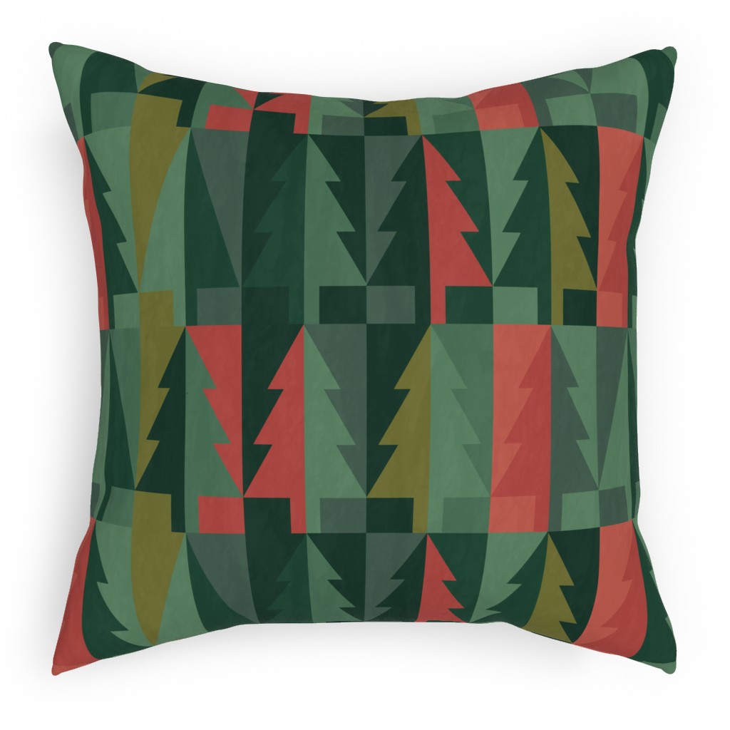 Geometric Forest - Red and Green Pillow, Woven, White, 18x18, Double Sided, Green