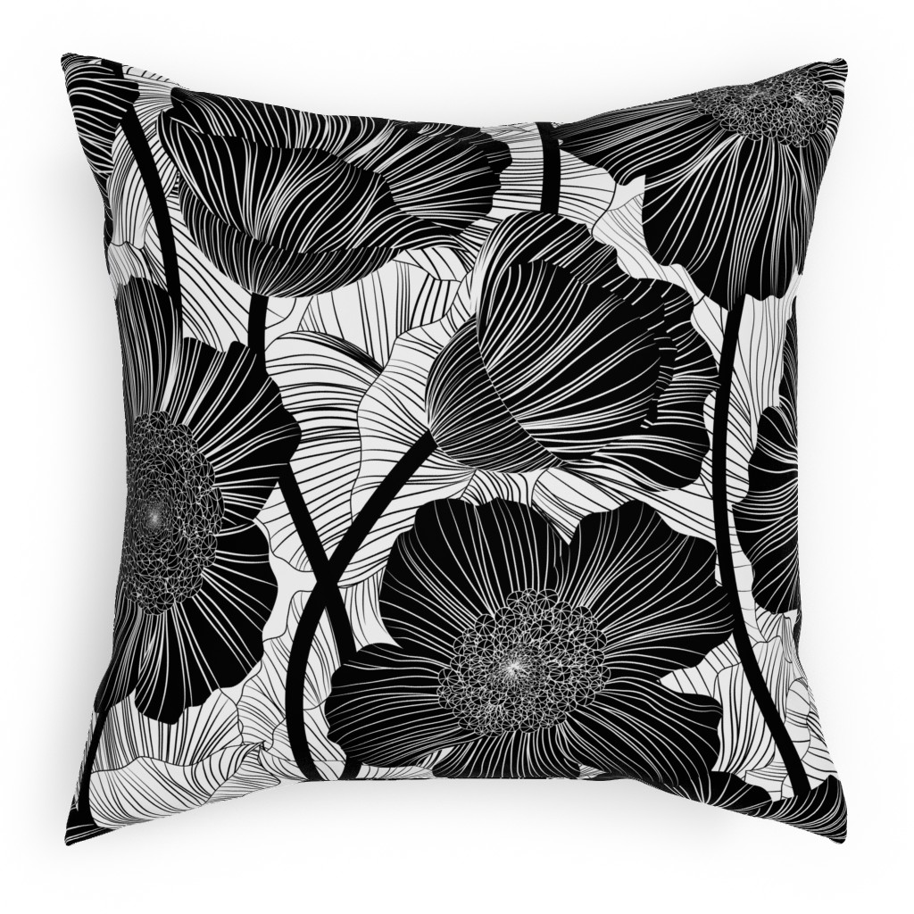 Mid Century Modern Floral - Black and White Pillow, Woven, White, 18x18, Double Sided, Black