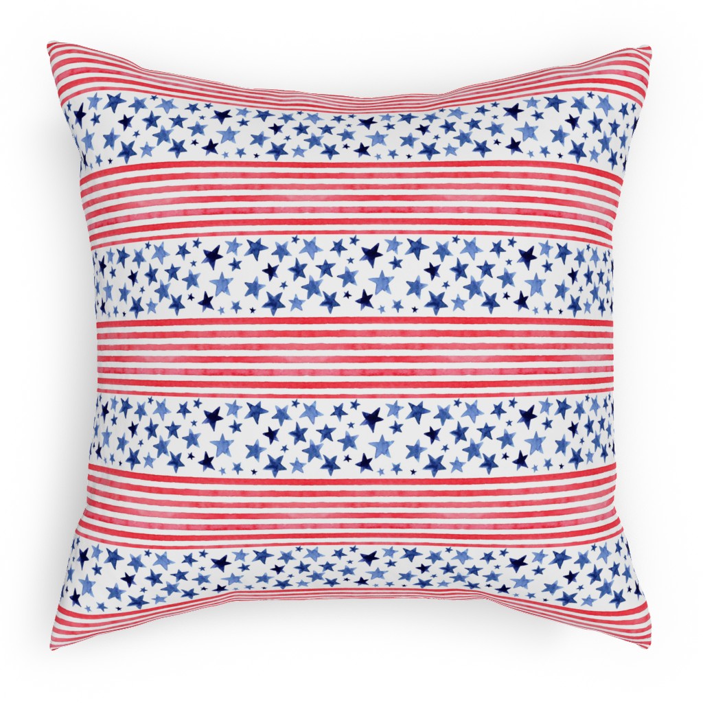 Watercolor Stars and Stripes - Red White and Blue Pillow, Woven, White, 18x18, Double Sided, Red