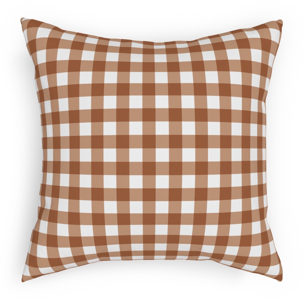 Gingham Plaid Check Pillow, Woven, White, 18x18, Double Sided, Brown