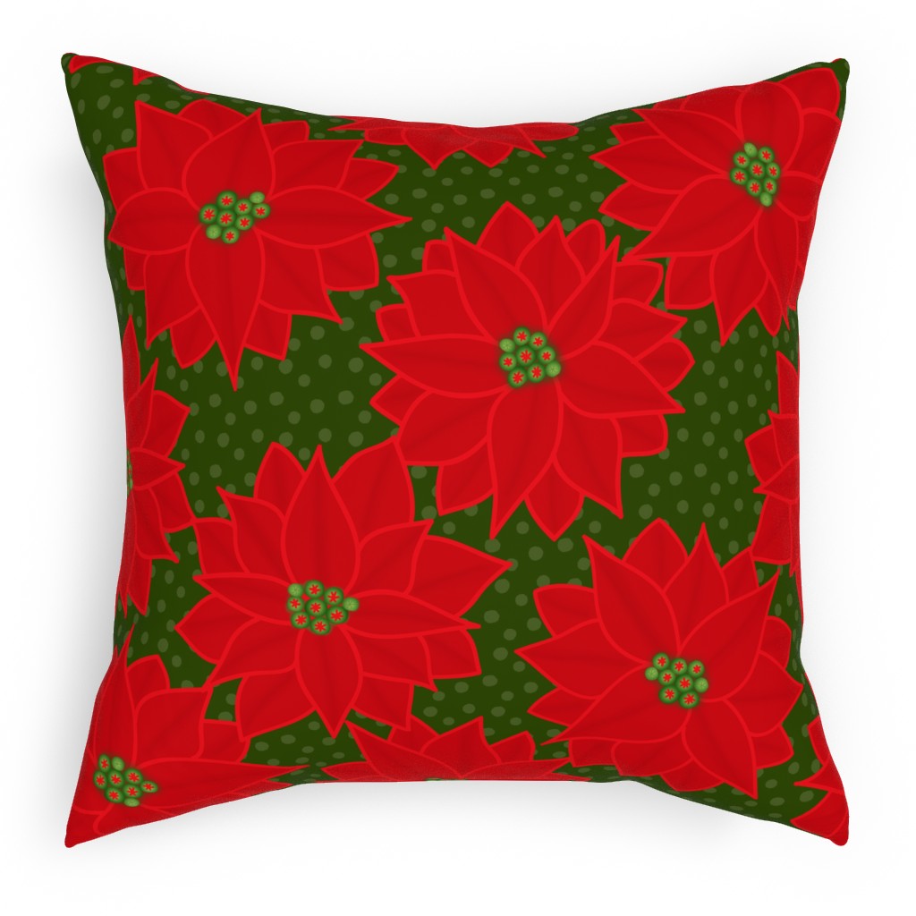 Christmas Poinsettia on Green Pillow, Woven, White, 18x18, Double Sided, Red