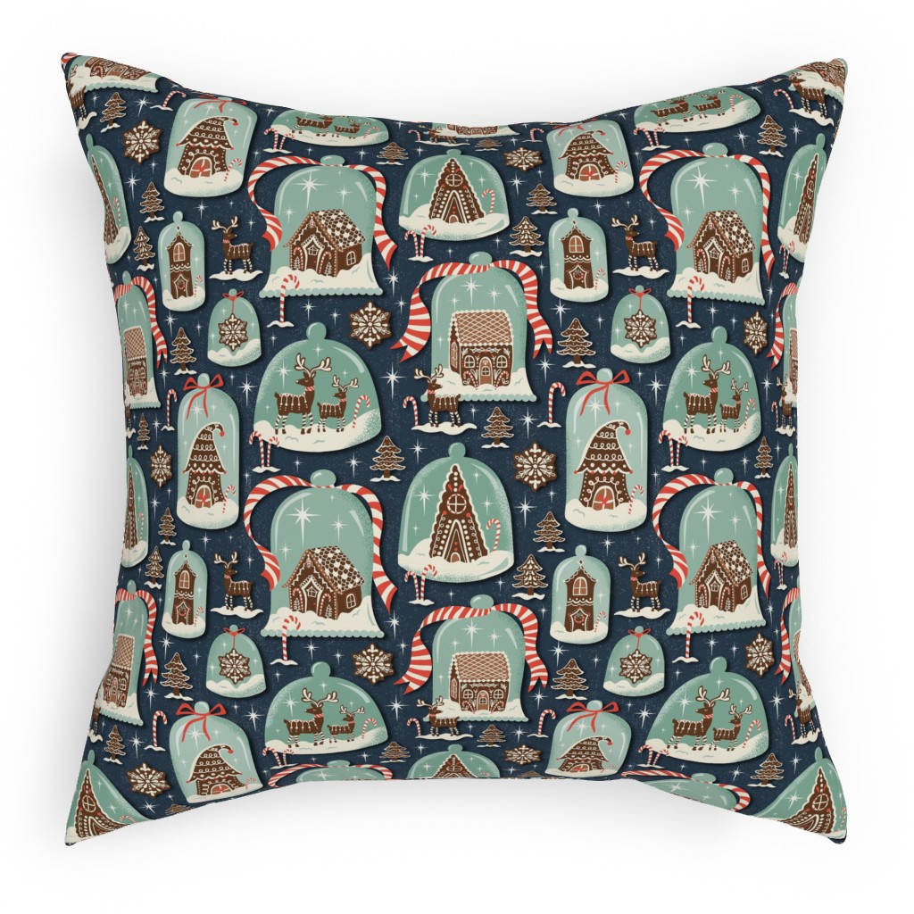 Christmas Gingerbread Village - Blue Pillow, Woven, White, 18x18, Double Sided, Multicolor