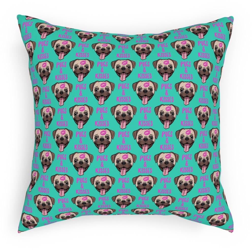 Pugs & Kisses - Cute Pug Dog - Teal Pillow, Woven, White, 18x18, Double Sided, Green, Classic Green