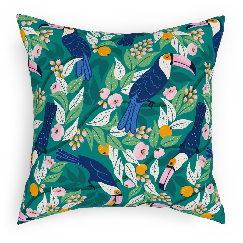 Whimsical Toucan Forest - Dark Pillow, Woven, White, 18x18, Double Sided, Multicolor