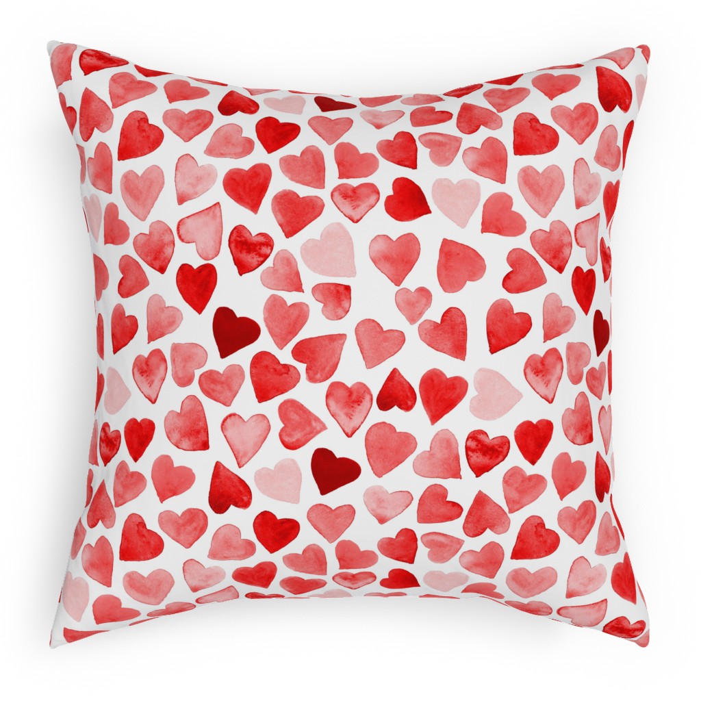 Red Hearts Watercolor - Red Pillow, Woven, White, 18x18, Double Sided, Red