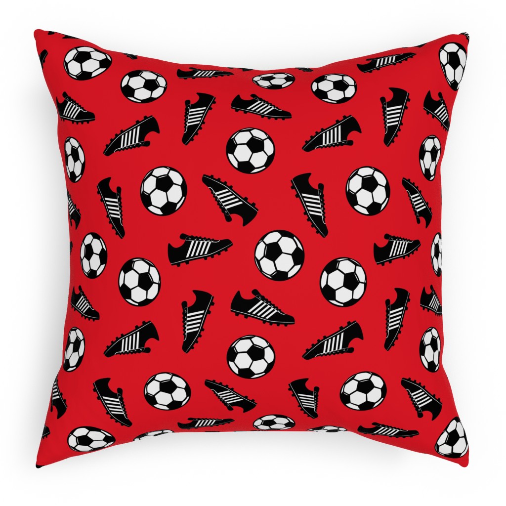 Soccer Balls and Cleats Pillow, Woven, White, 18x18, Double Sided, Red, Radish