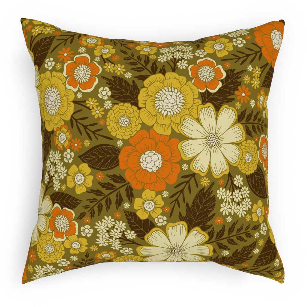 1970s Retro/Vintage Floral - Yellow and Brown Pillow, Woven, White, 18x18, Double Sided, Yellow