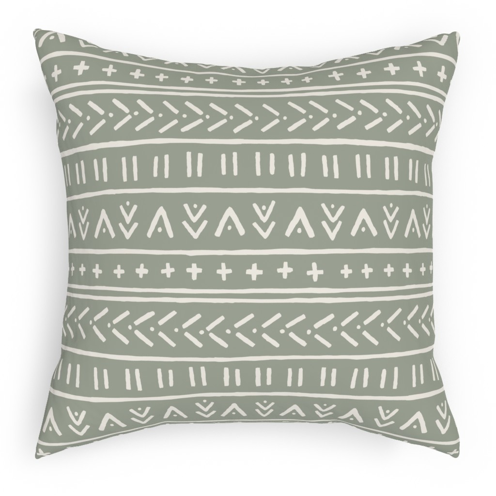 Organic Mudcloth - Bone on Desert Sage Pillow, Woven, White, 18x18, Double Sided, Green
