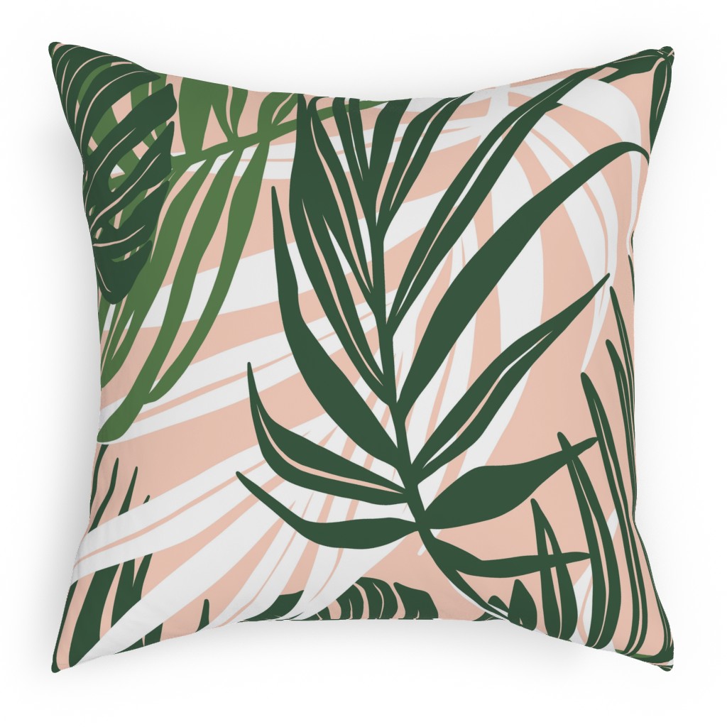 Hideaway Tropical Palm Leaves - Blush Pink Pillow, Woven, White, 18x18, Double Sided, Green, Classic Green