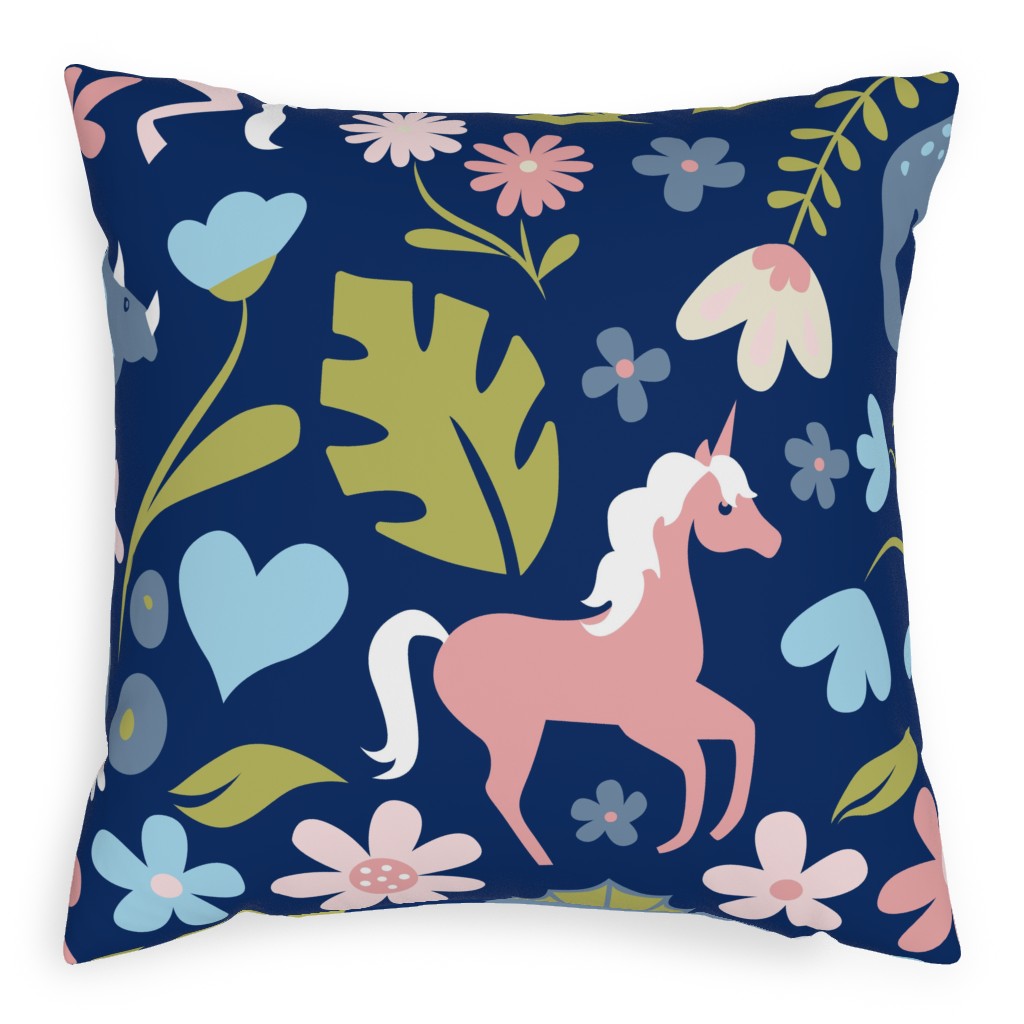 Dinosaurs and Unicorns - Dark Blue Pillow, Woven, White, 20x20, Double Sided, Multicolor