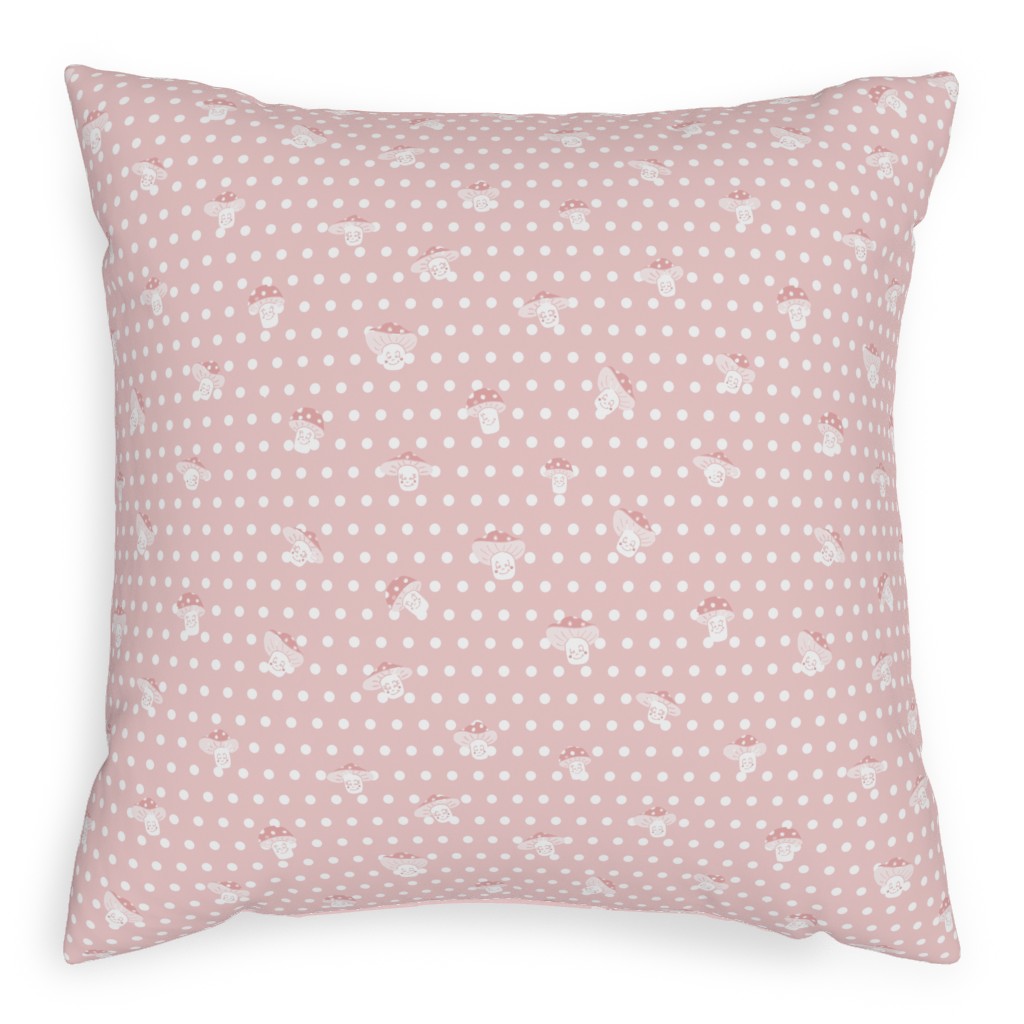 Mushroom and Dots - Pink Pillow, Woven, White, 20x20, Double Sided, Pink