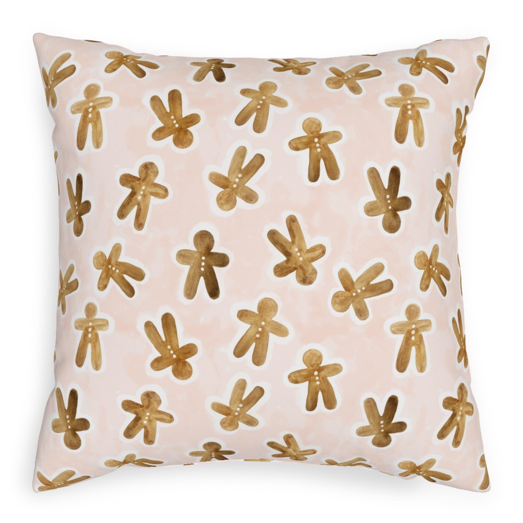 Christmas Gingerbread Men on Pink Watercolor Wash Pillow, Woven, White, 20x20, Double Sided, Pink