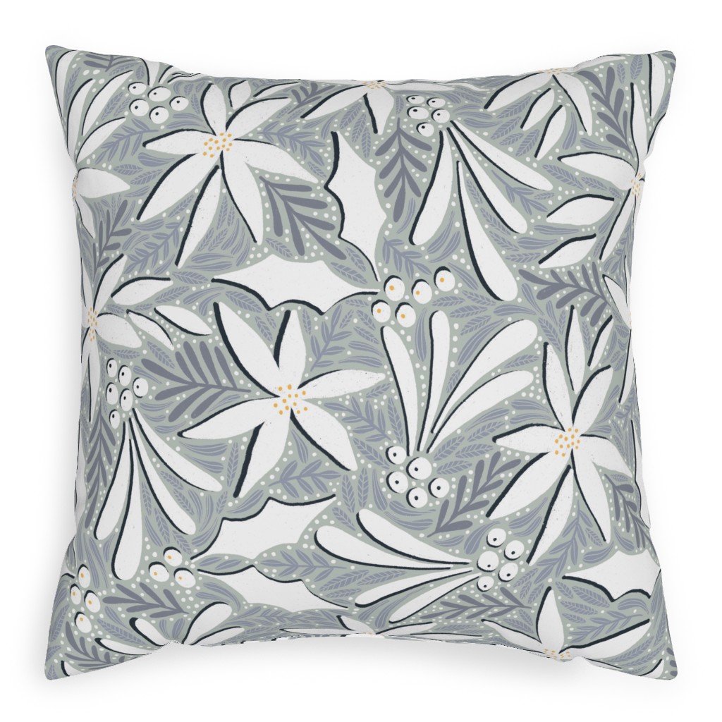 Poinsettia, Holly, & Mistletoe - White & Grey Pillow, Woven, White, 20x20, Double Sided, Gray, Gray