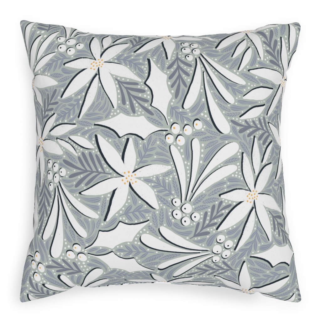 Poinsettia, Holly, & Mistletoe - White & Grey Pillow, Woven, White, 20x20, Double Sided, Gray