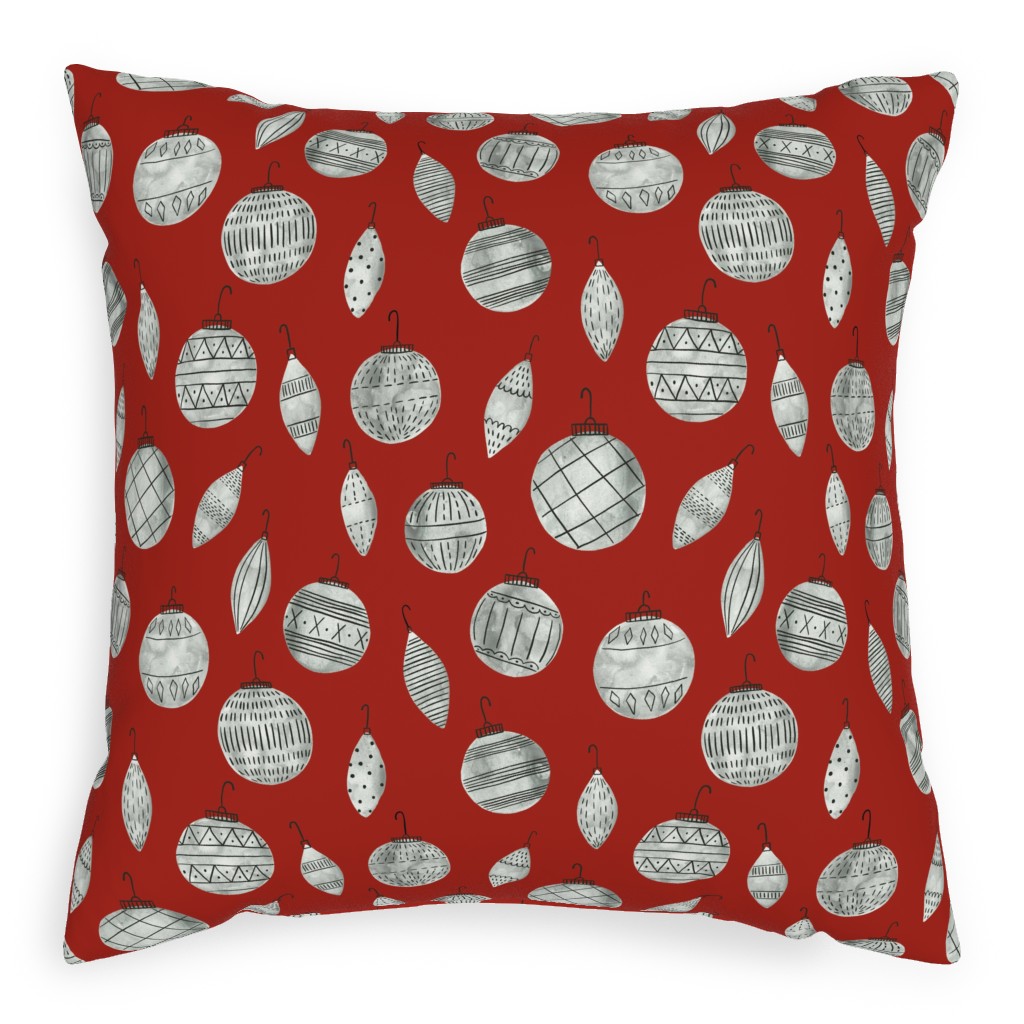 Watercolor Christmas Ornaments - Red Pillow, Woven, White, 20x20, Double Sided, Red, Red