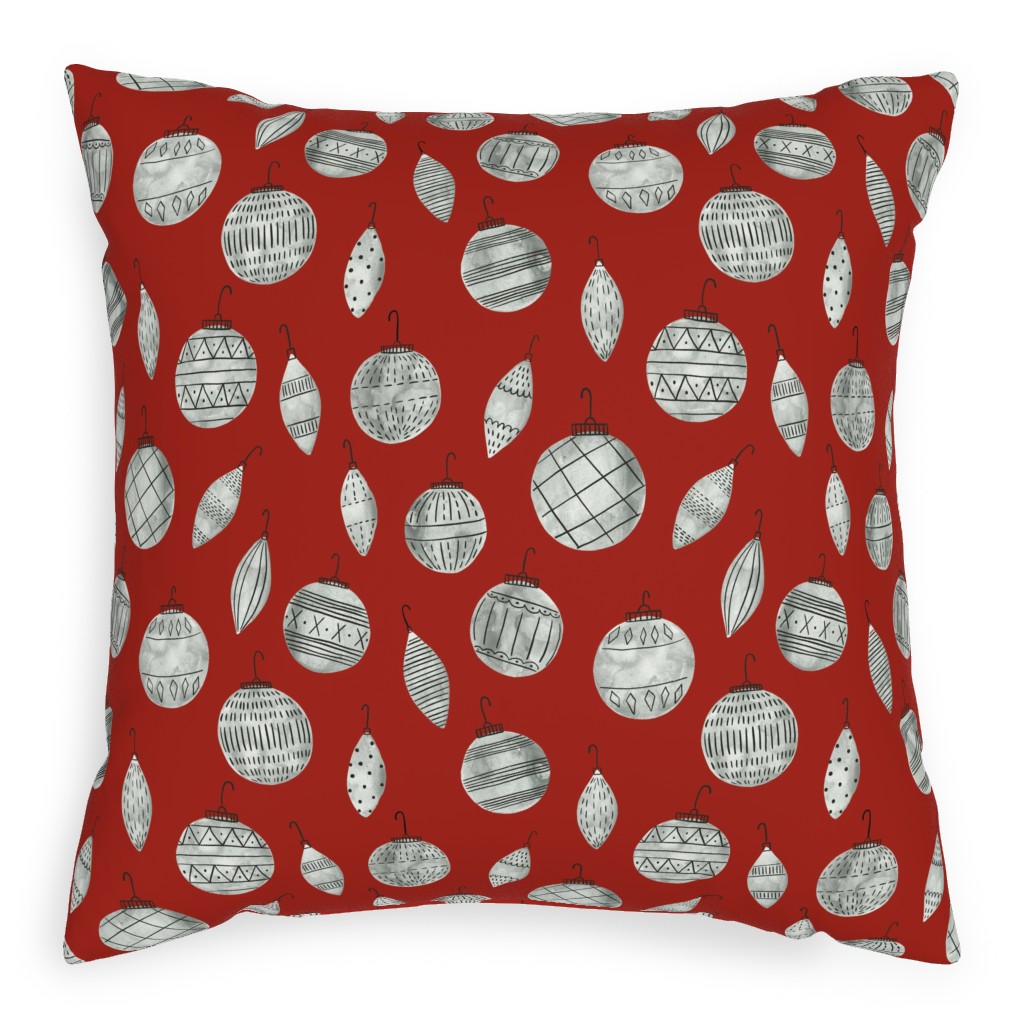 Watercolor Christmas Ornaments - Red Pillow, Woven, White, 20x20, Double Sided, Red