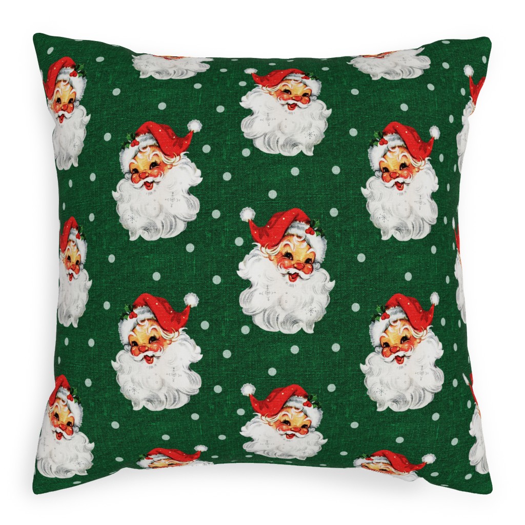 Jolly Retro Santa - Green Pillow, Woven, White, 20x20, Double Sided, Multicolor