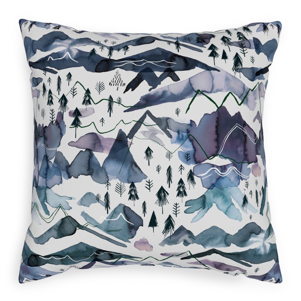 Watercolor Mountains Landscape - Blue Pillow, Woven, White, 20x20, Double Sided, Blue, True Blue