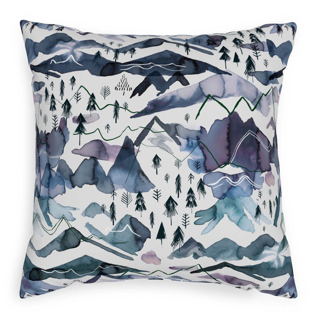 Watercolor Mountains Landscape - Blue Pillow, Woven, White, 20x20, Double Sided, Blue