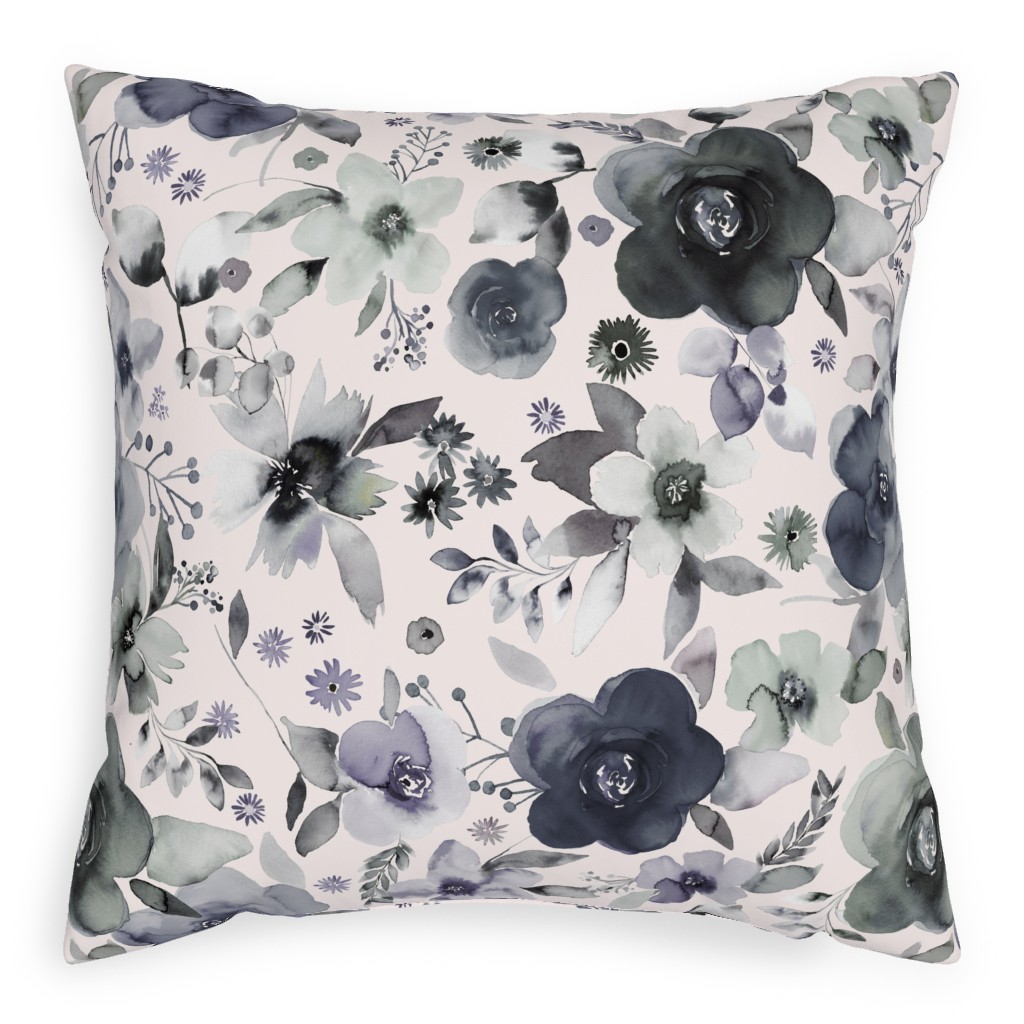 Wintery Watercolor Flower Bouquets - Navy Pillow, Woven, White, 20x20, Double Sided, Blue
