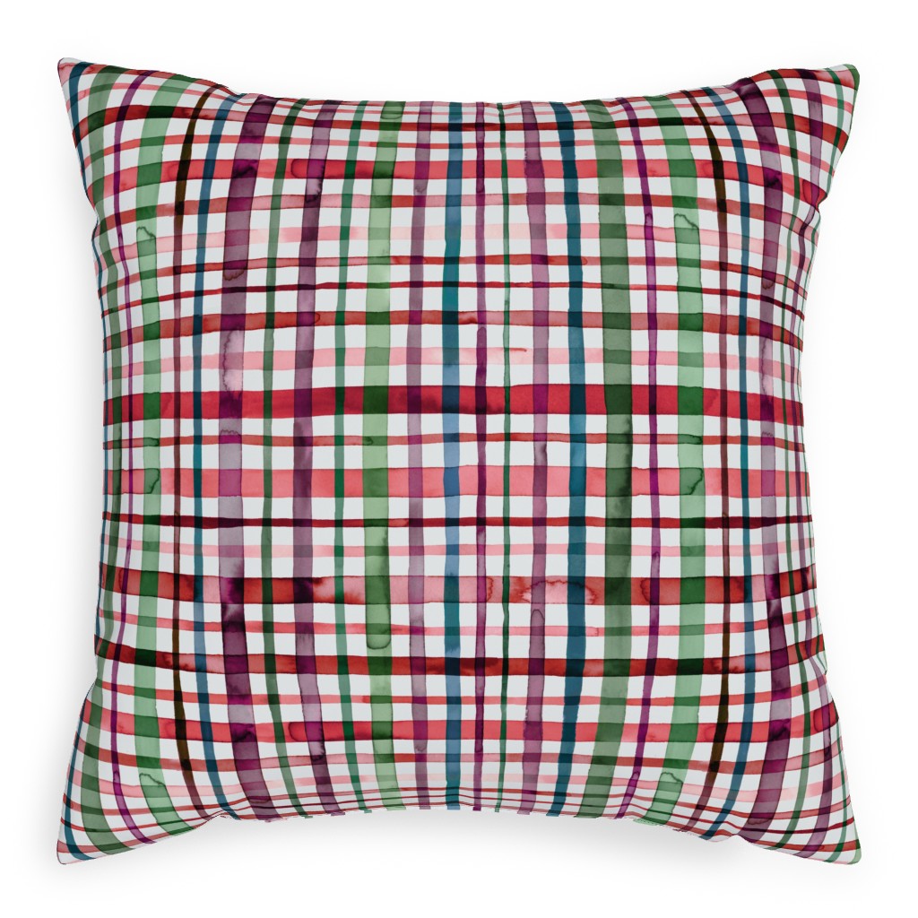Watercolor Gingham - Red and Green Pillow, Woven, White, 20x20, Double Sided, Multicolor