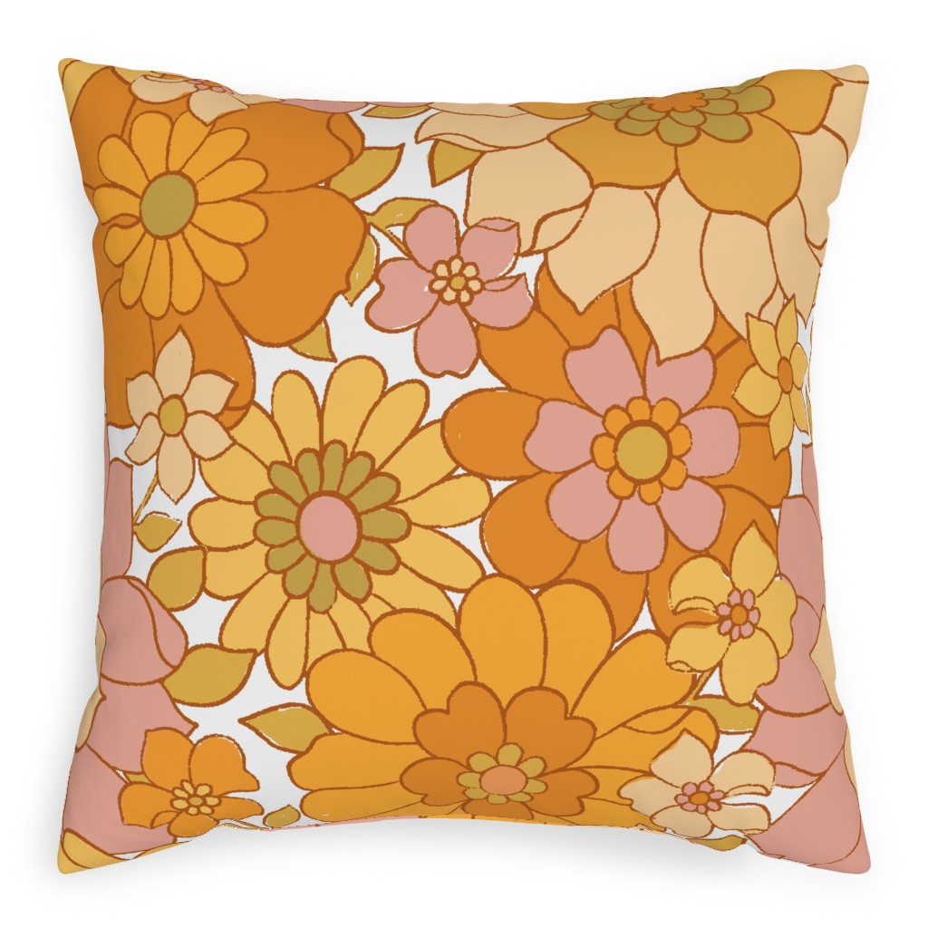 Avery Retro Floral - Orange on White Pillow, Woven, White, 20x20, Double Sided, Orange