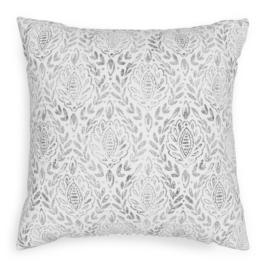 Distressed Damask Leaves - Grey Pillow, Woven, White, 20x20, Double Sided, Gray, Gray
