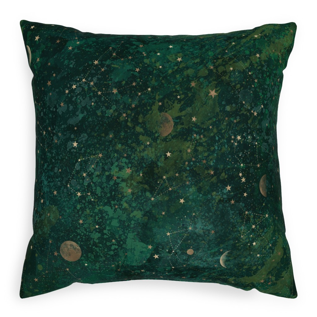 Moon and Stars - Green Pillow, Woven, White, 20x20, Double Sided, Green, Classic Green