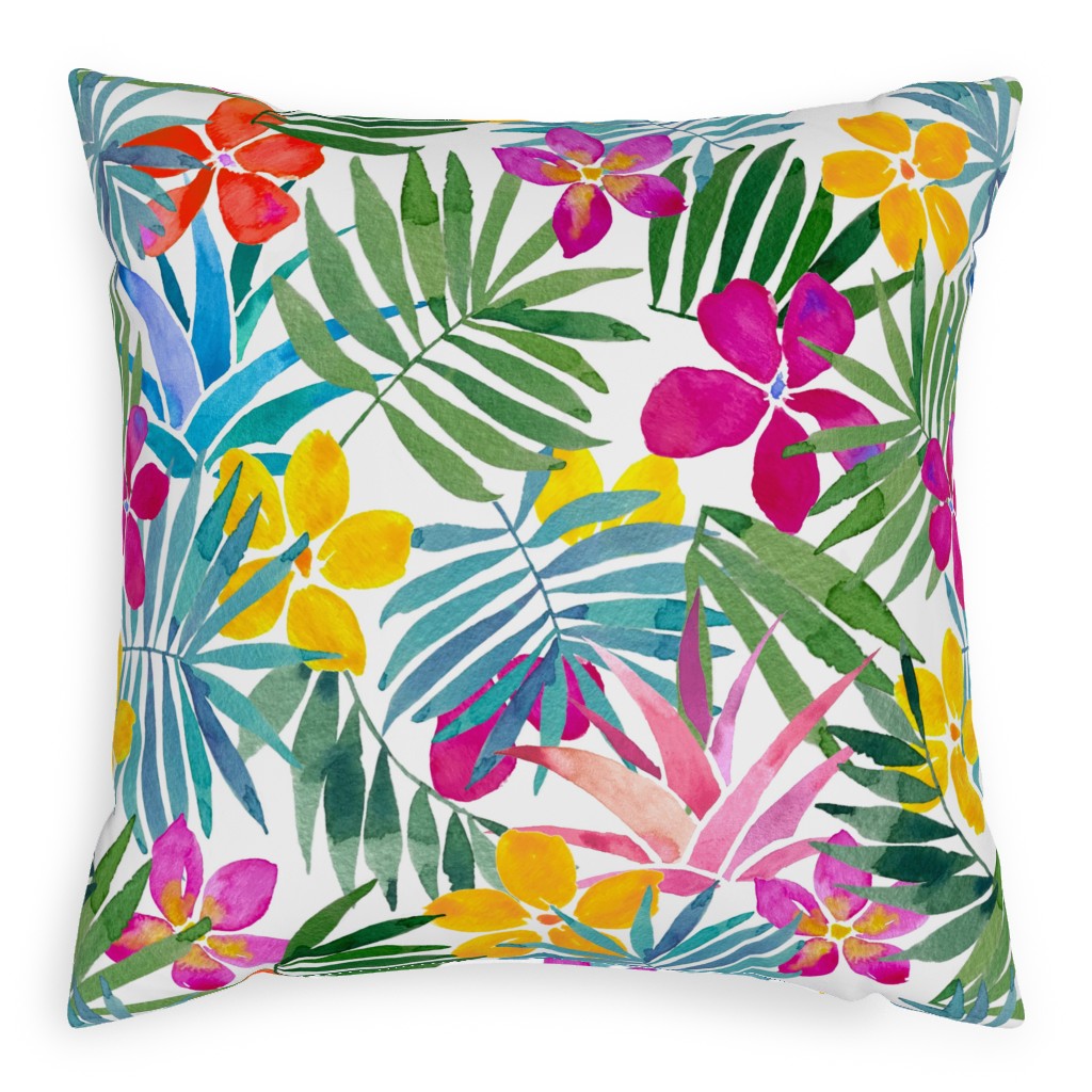 Watercolor Tropical Vibes Pillow, Woven, White, 20x20, Double Sided, Multicolor, Classic Green