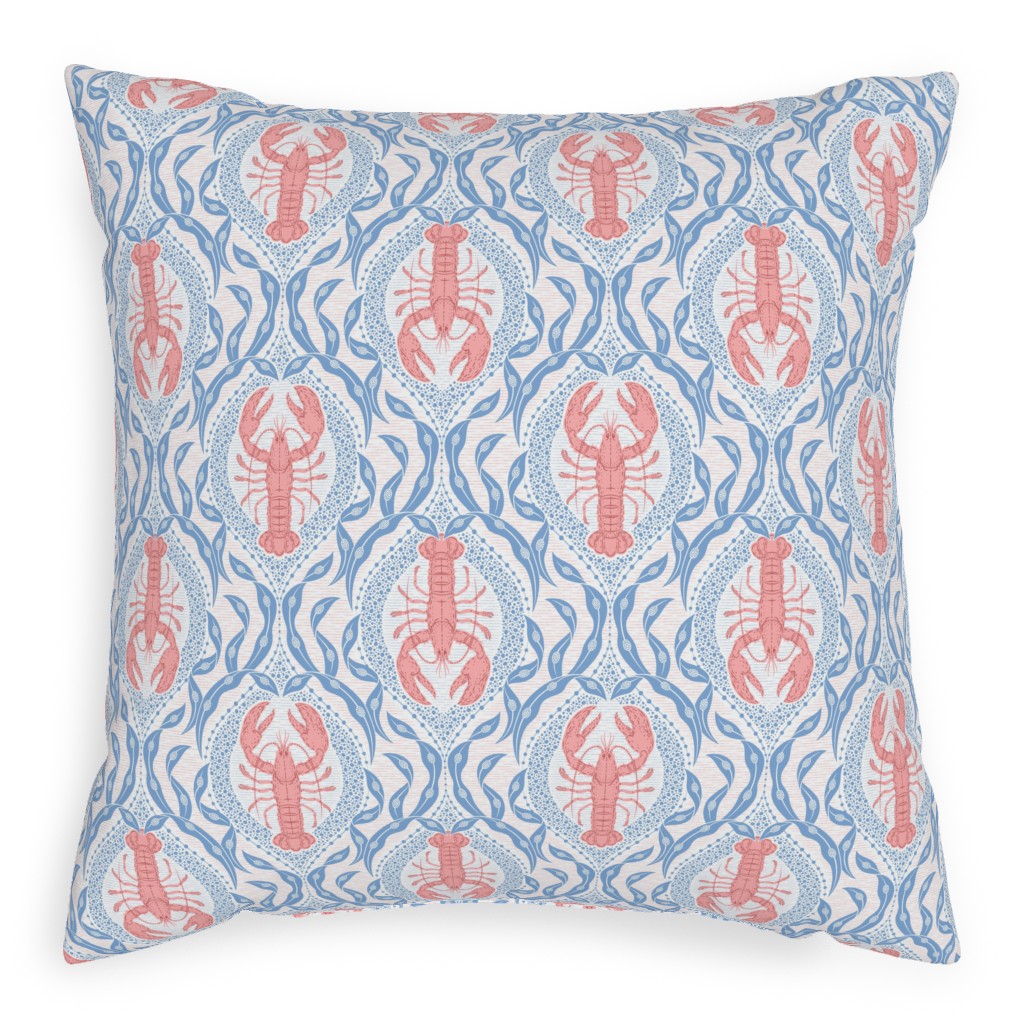 Lobster and Seaweed Nautical Damask - White, Coral Pink and Cornflower Blue Pillow, Woven, White, 20x20, Double Sided, Blue