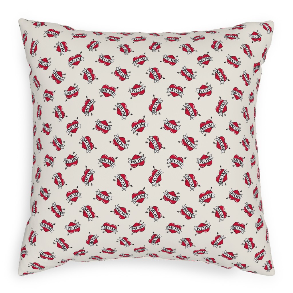 Mom Heart Tattoo - Red on Cream Pillow, Woven, White, 20x20, Double Sided, Red