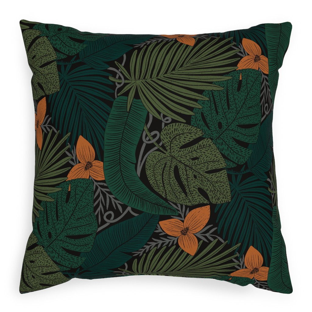 Moody Tropical Floral - Orange on Black Pillow, Woven, White, 20x20, Double Sided, Green, Classic Green