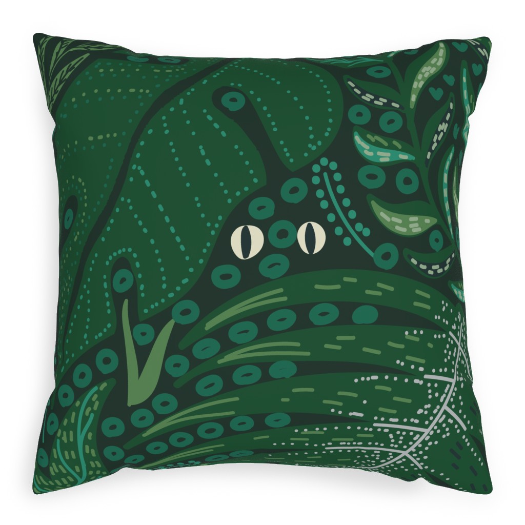 Hiding in Moody Tropical Leaves - Green Pillow, Woven, White, 20x20, Double Sided, Green
