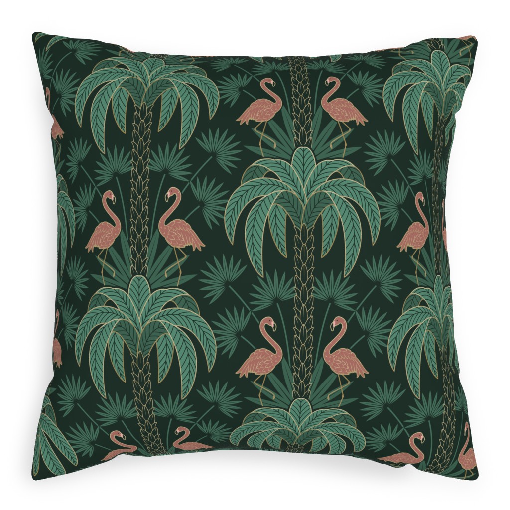 Palm Trees and Flamingos Deco Tropical Damask - Green Pillow, Woven, White, 20x20, Double Sided, Green