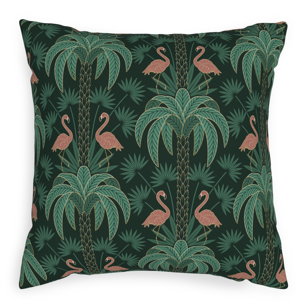Palm Trees and Flamingos Deco Tropical Damask - Green Pillow, Woven, White, 20x20, Double Sided, Green, Classic Green