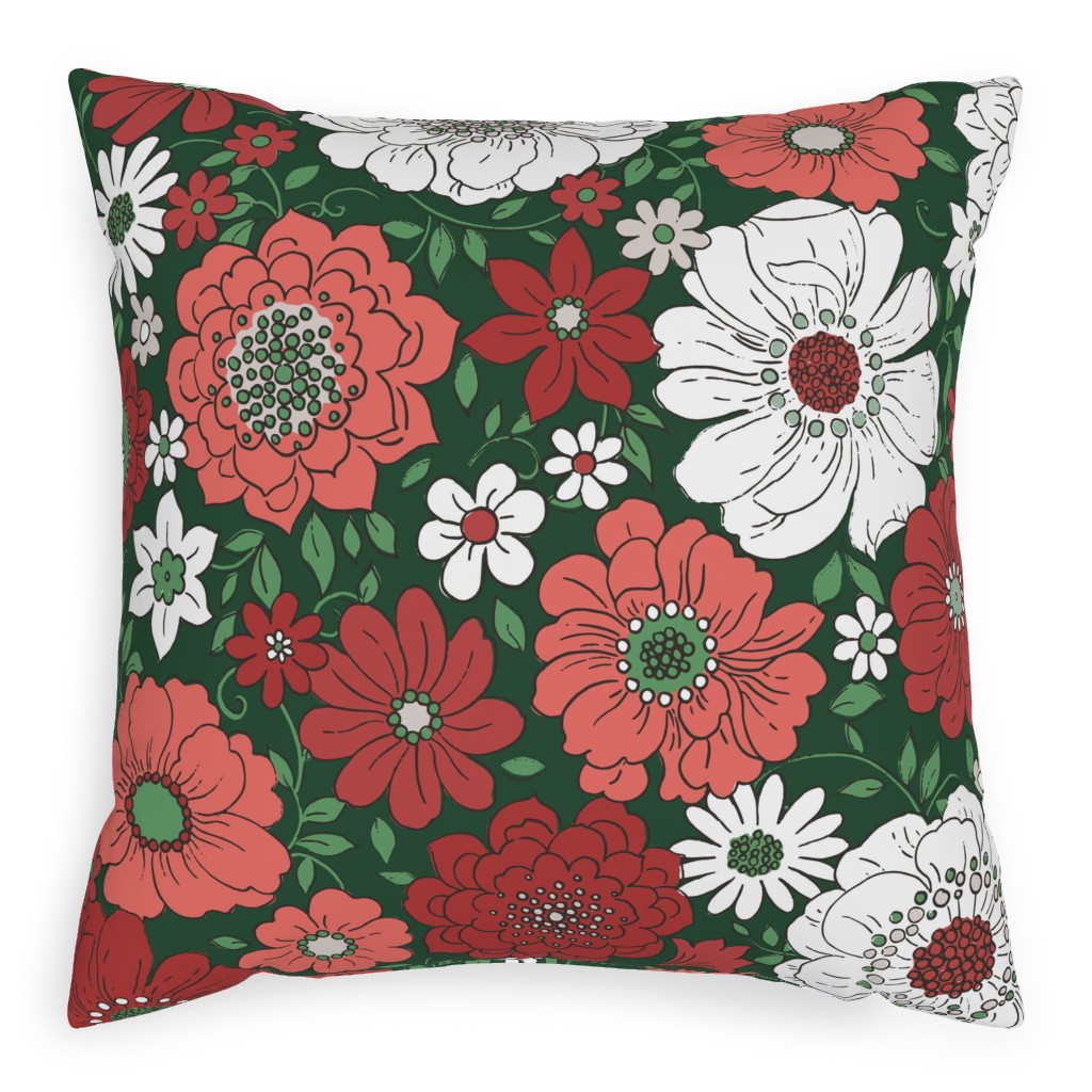 Camilla Retro Floral Christmas - Red and Green Pillow, Woven, White, 20x20, Double Sided, Multicolor